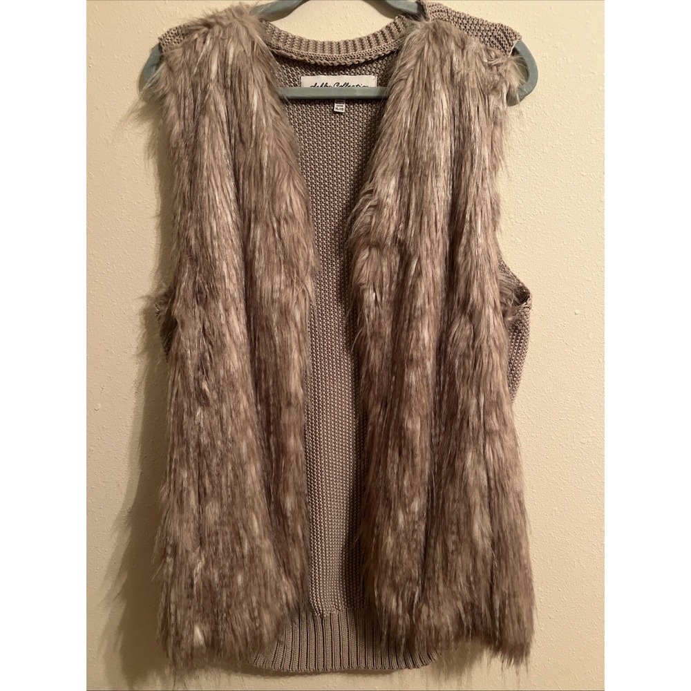 Sebby Collection Tan Faux Fur Knit Open Vest Jacket Size XL